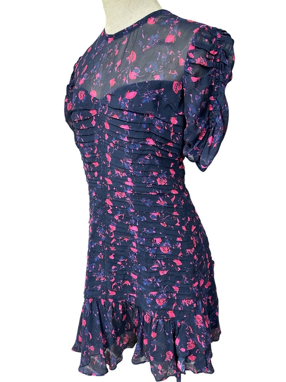 Tanya Taylor Navy Floral Ruffle Silk Mini Dress Pink Accents Size 6